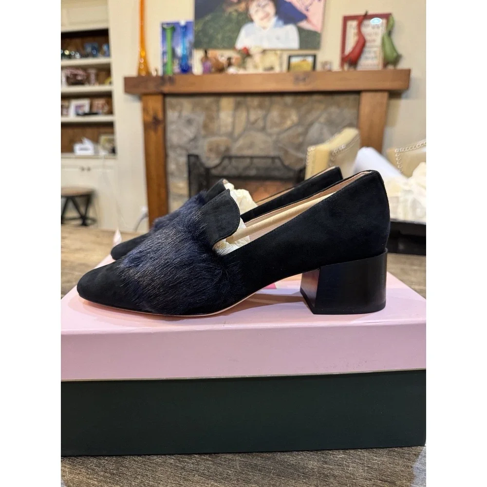 Kate Spade Gama loafers in‎ black suede with a faux fur trim Block Heel Size 8.5